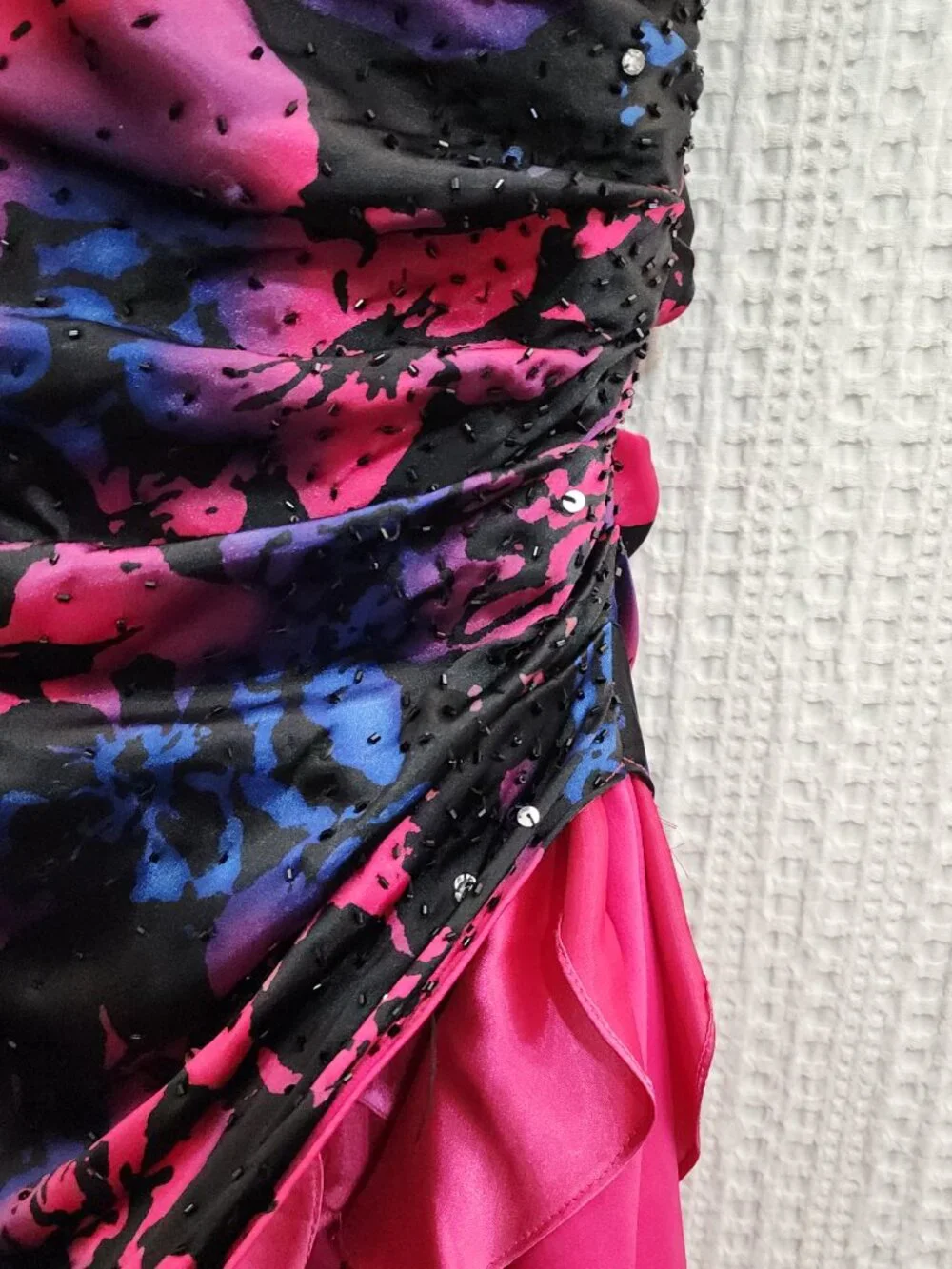 Y2K Strapless Ruffle Prom Dress Floral Black Pink Lizzie McGuire Vibe Size 13/14 - Picture 8 of 15